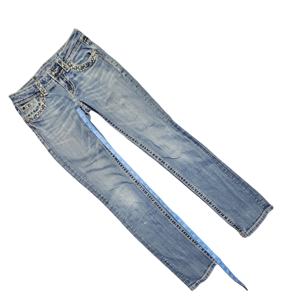 Miss Me Blue Straight Leg Jeans with Rhinestone Embellishments - Picture 3 of 8